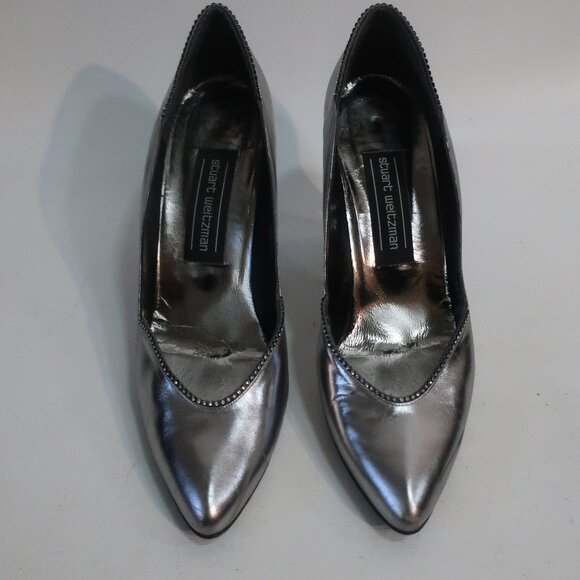 Womens Stuart Weitzman Gunmetal Crystal Embellished Pointy Leather Heel Pumps 8 - Picture 2 of 11